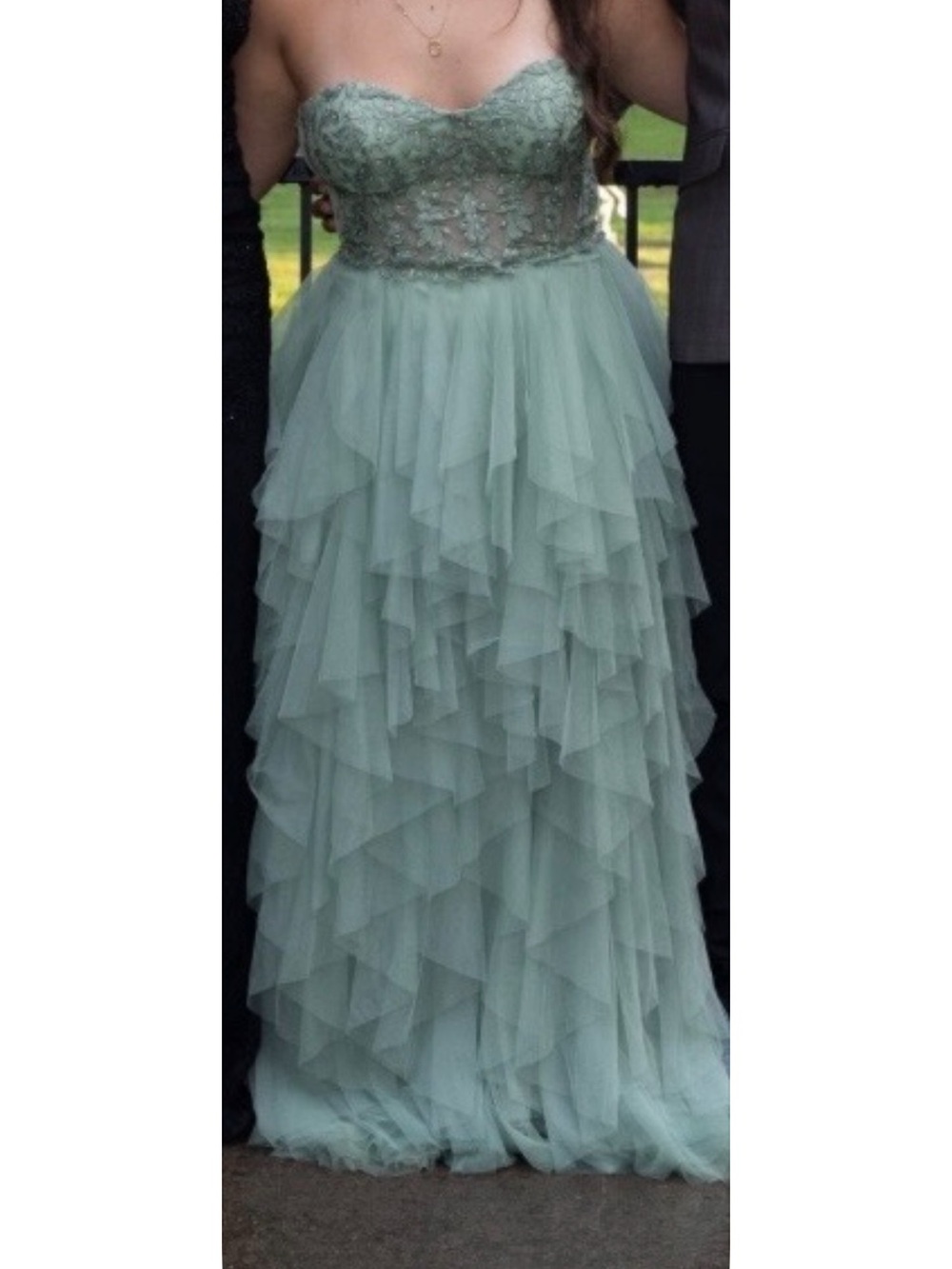 Windsor Mint Green Layered Tulle Ruffle Prom Gown - Picture 8 of 8